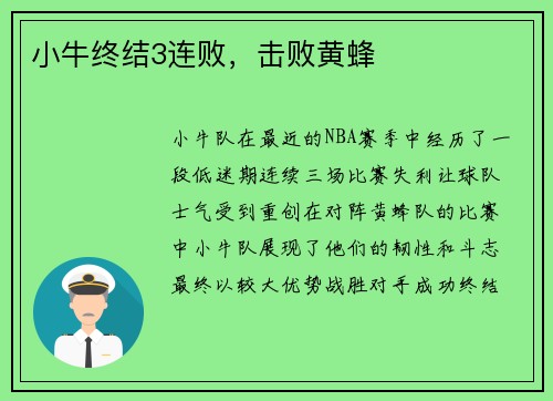 小牛终结3连败，击败黄蜂